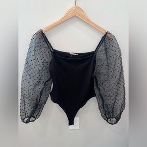 Altar'd State Ribbed Knit Black Clip Dot Sheer Puff Sleeve Bodysuit Women Size M